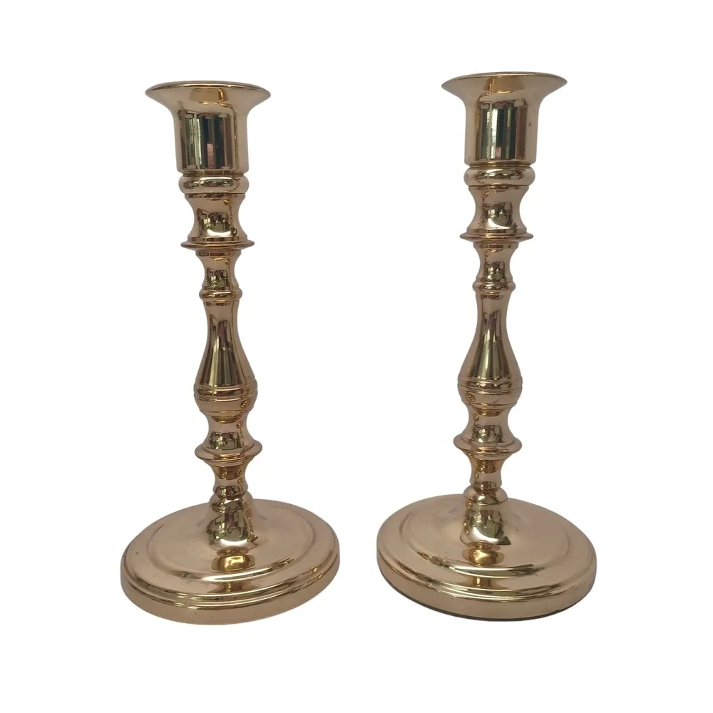 Baldwin Brass Candlestick Holders Set of‎ 2 Polished Gold Taper 7 Inch USA Made